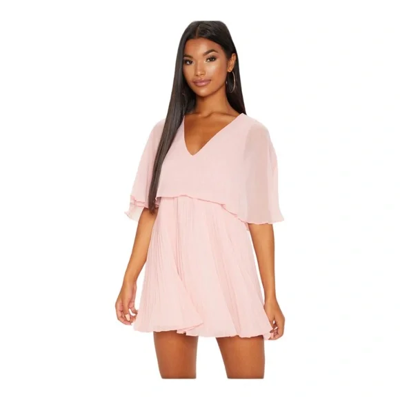 PrettyLittleThing | Dresses | Pretty Little Thing Dusty Pink Cape Pleated  Detail Skater Dress Vneck Size 4 | Poshmark